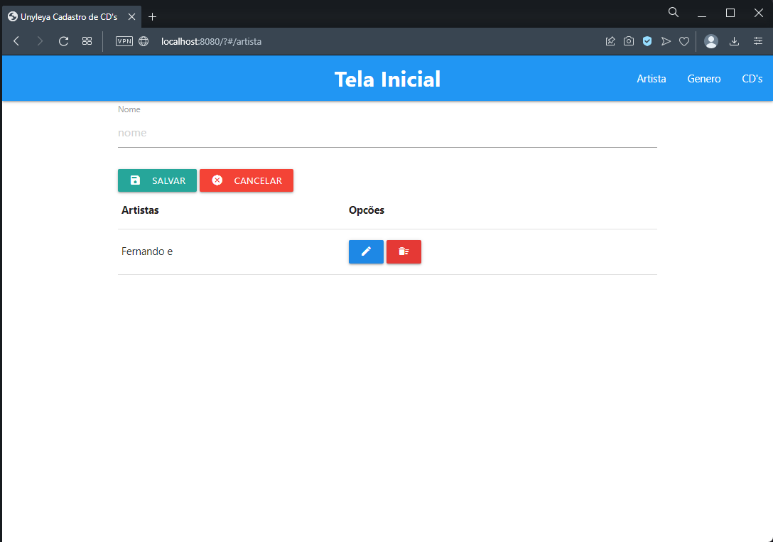 Primeiro Slide Tela de Cadastro de Artistas